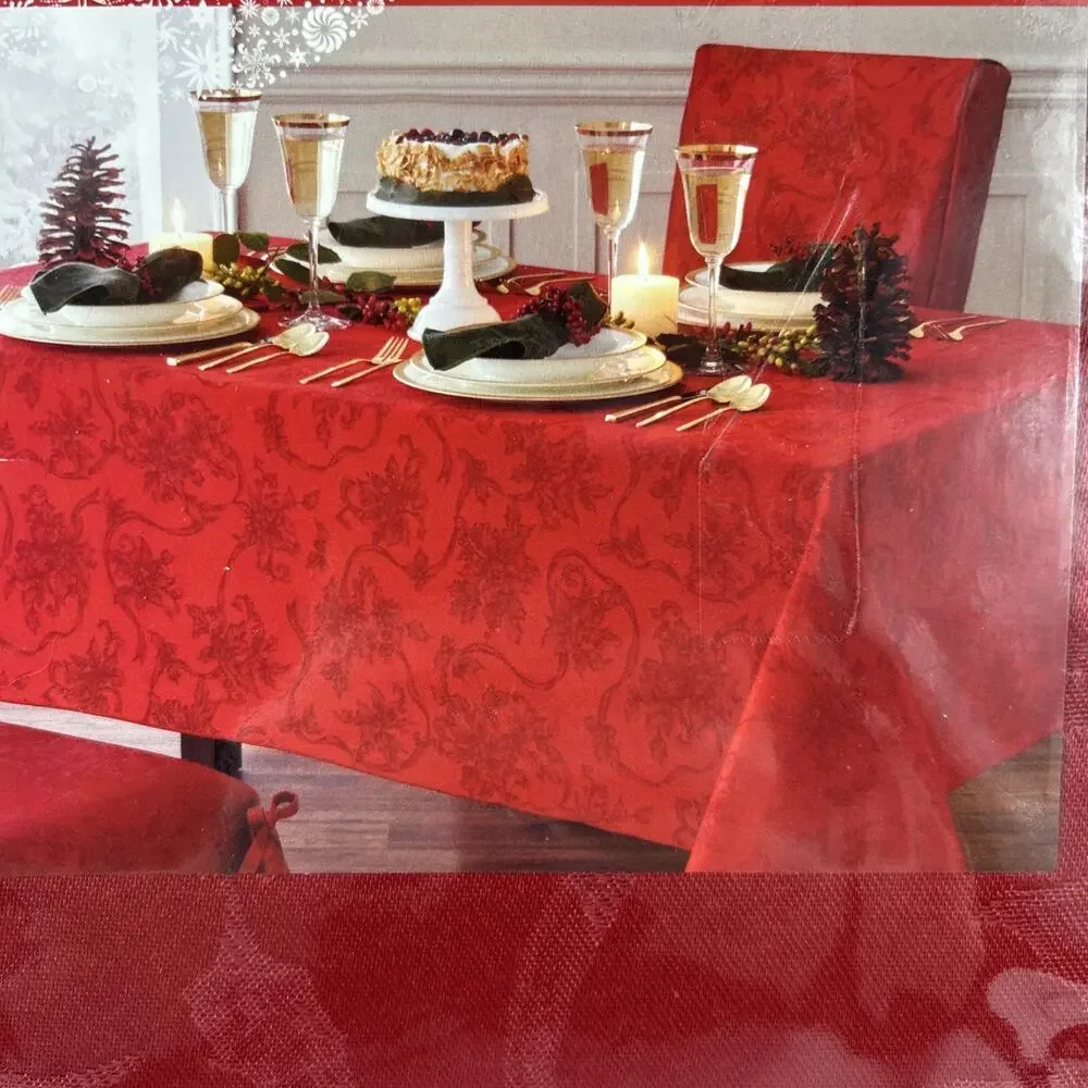 Tablecloth Christmas Ribbons 60 x 84 Oblong Damask Ruby Red Town & Country NEW